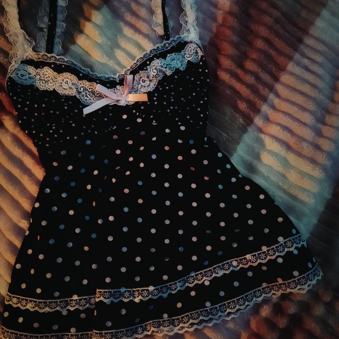 топ-маечка с кружевом! черная, бретельки, бант, горошек