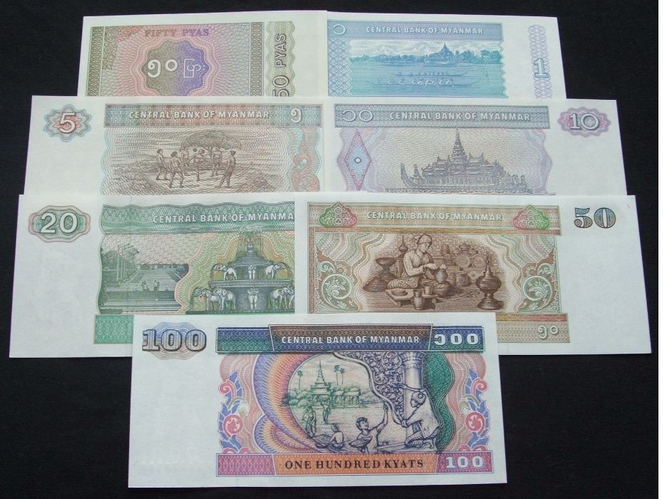 AZJA MYANMAR - 7 szt. Zestaw Banknotów Kolekcjonerskich UNC