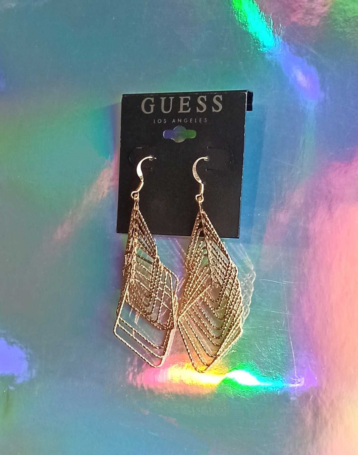 GUESS Dlugie Duze Wiszace Kolczyki Geo Futuristic Modern Boho Zlote