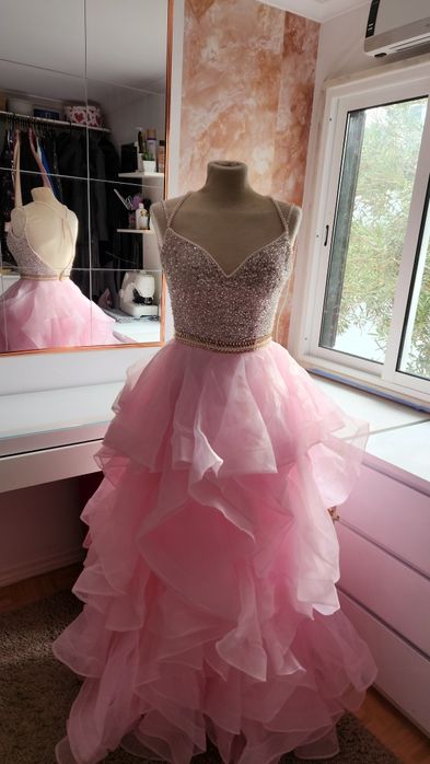 Vestido longo rosa — pedrarias, tule, XS