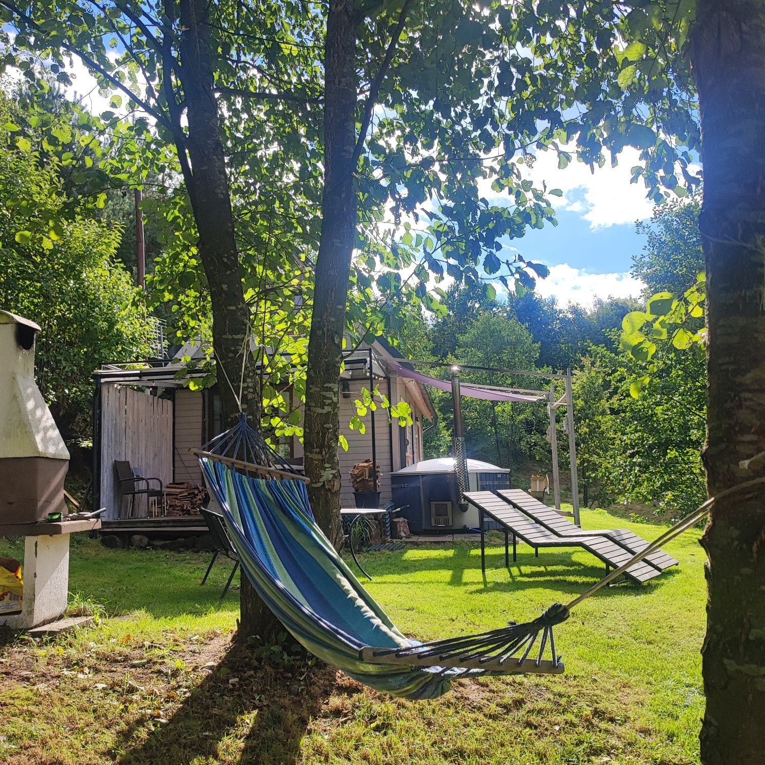 Kaszuby, Jacuzzi,Nowy Szary drewniany domek z kominkiem, Wakacje,Staw,