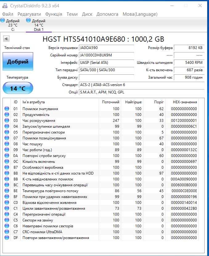 Жорсткий диск 1TB 2.5" HDD HGST HTS541010A9E680  1000,2 GB