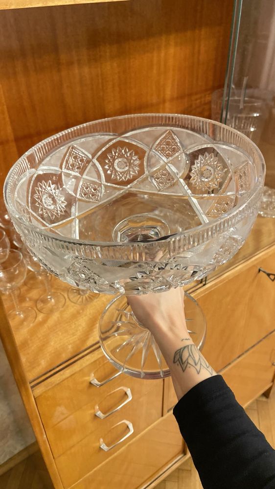 Zestaw szkła kryształów wazon patera miska kieliszki popielniczka PRL