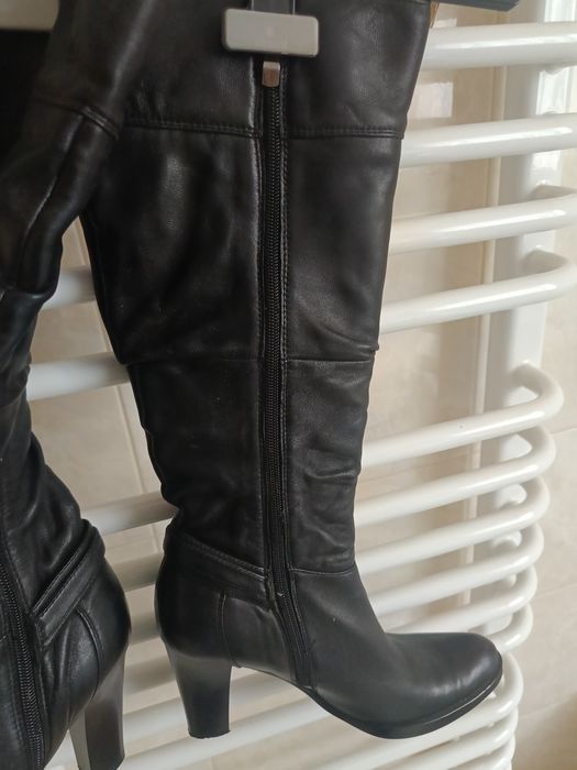 Kozaki buty czarne skórzane 38 wysokie na słupku zimowe ocieplane