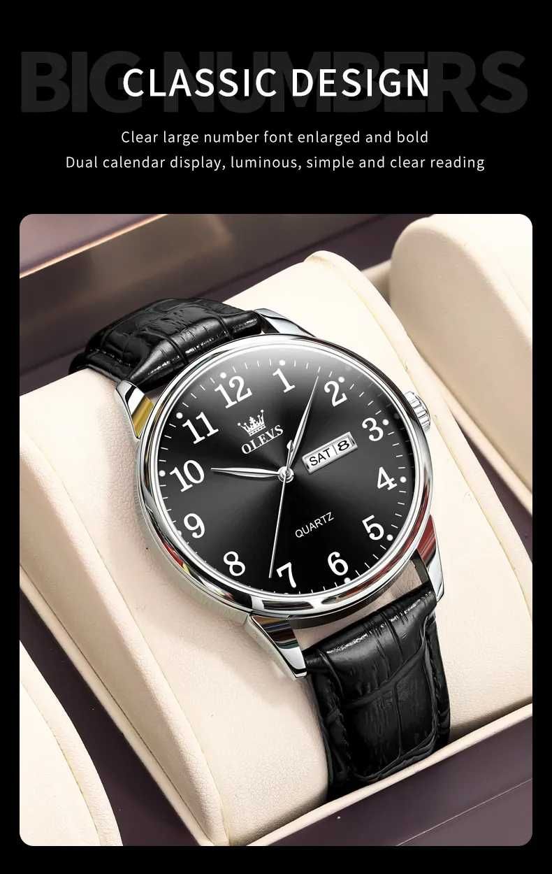 Klasyczny zegarek męski Olevs czarna tarcza 40mm do garnituru datownik