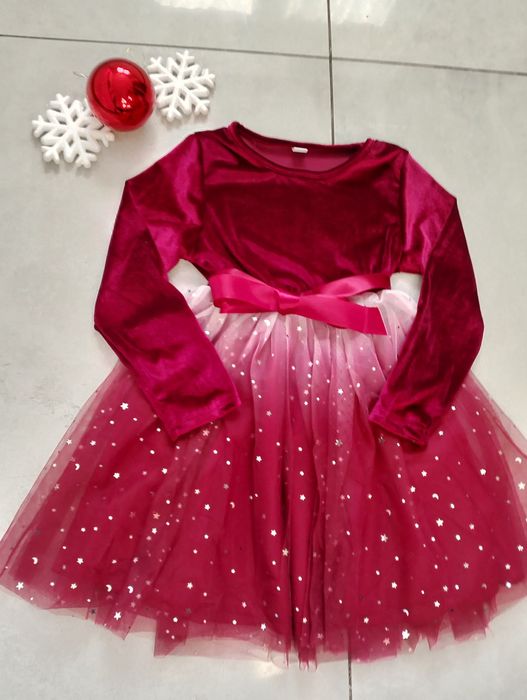 Sukienka świąteczna welurowa tiulowa czerwona 116