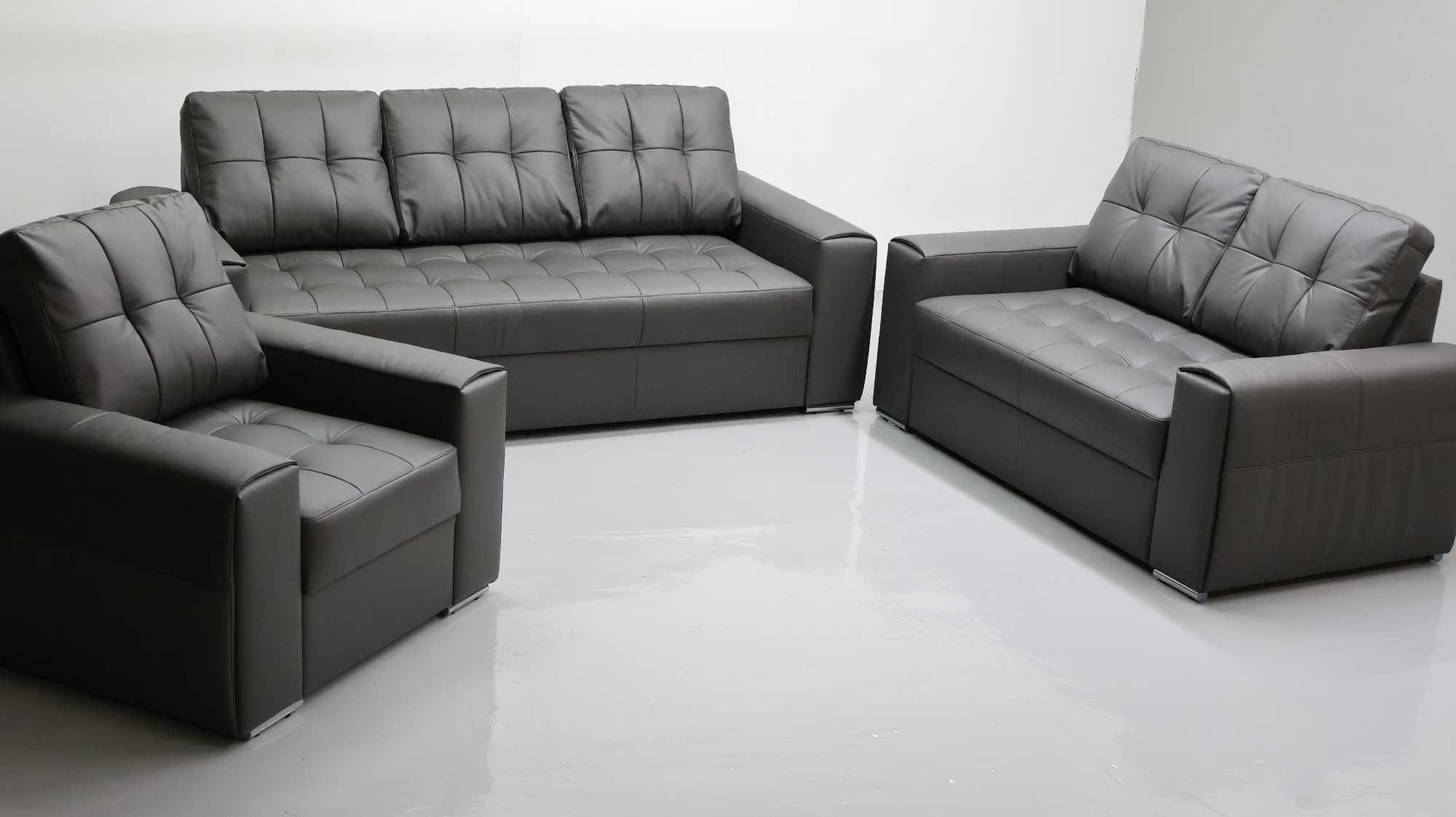 KOMPLET 3+2+1 sofy kanapy zestaw popielata SKÓRA naturalna 6492 w