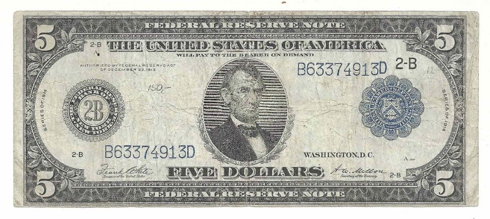5 долларов (5$) США Банк Филадельфии (2-B) 1914 год.Ваучер,рубль.