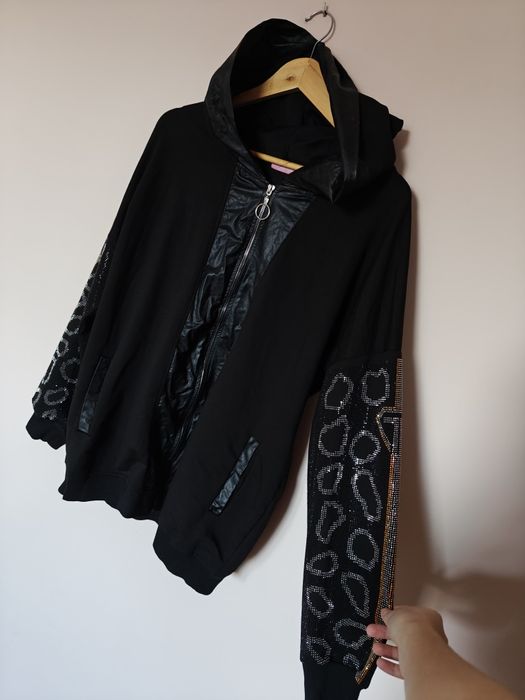 Wawa bluza z kapturem sweter czarna kryształki cyrkonie vintage 46 3XL
