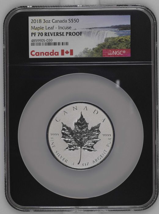 30-я годовщина Кленового Листа 2018г (РеверсПруф, 3 унции). NGC PF70