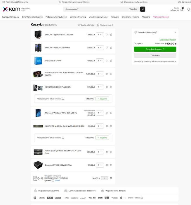 Komputer gamingowy Intel 12400F RTX 3060 32GB  1TB FV23% Gwarancja 24M