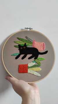 Obraz haft handmade rękodzieło kot