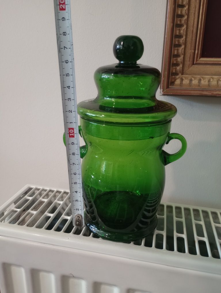 Cudny zielony pojemnik szkło zielone Vintage