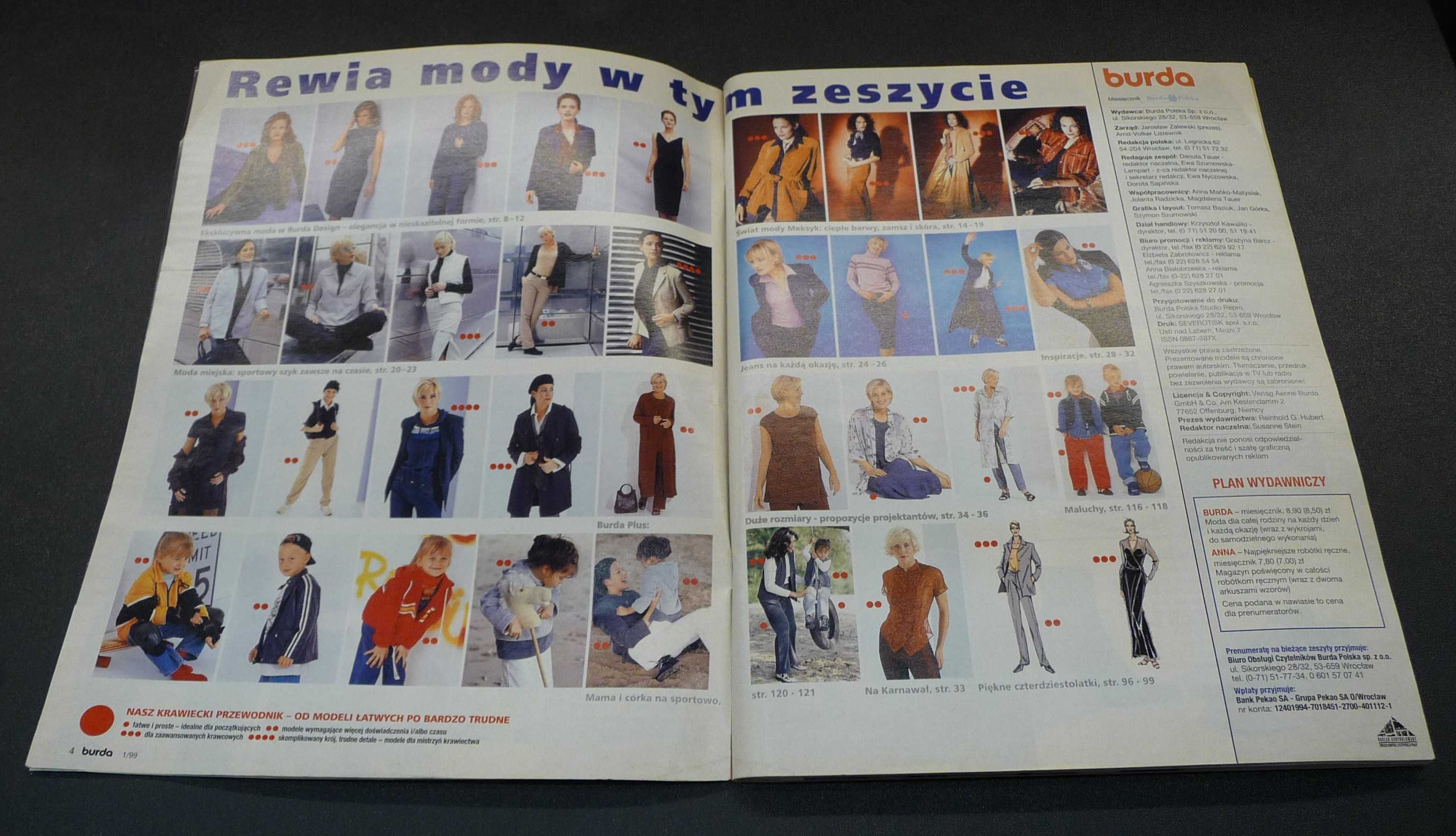 Burda 1/1999. Moda, wykroje krawieckie, krawiectwo, szycie.