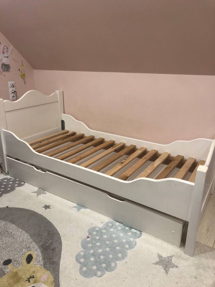 Łóżko drewniane białe 2w1 90x200cm dla dziecka, Lite drewno Materac