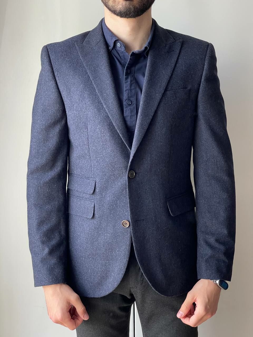 Мужской классический синий шерстяной зауженный пиджак Next