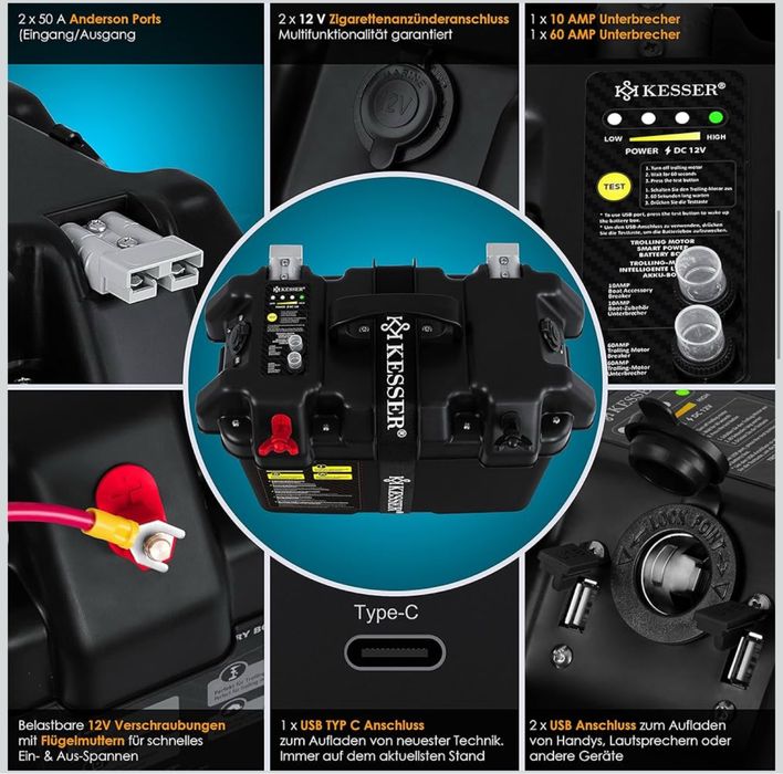 Caixa de bateria para barco, autocaravanas, tomada 12v, usb-c, usb.