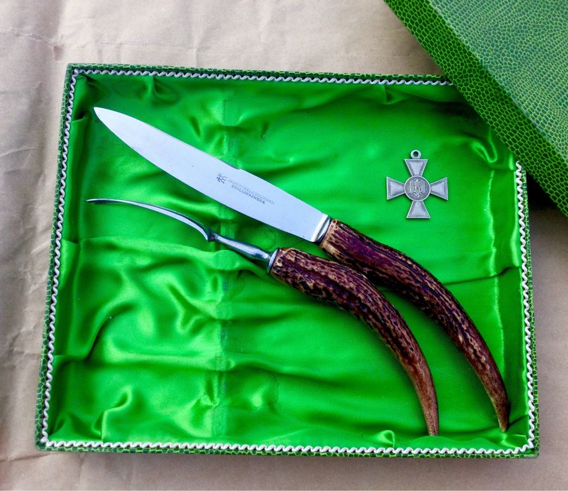 Немецкий охотничий столовый гарнитур (вилка + нож) в коробке, Золинген