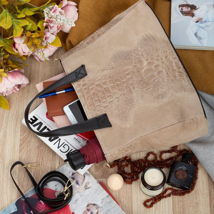 VERA PELLE torebka damska zamszowa shopper kroko z paskiem V543 beżowa