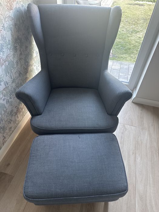 Fotel uszatek + podnóżek szary IKEA