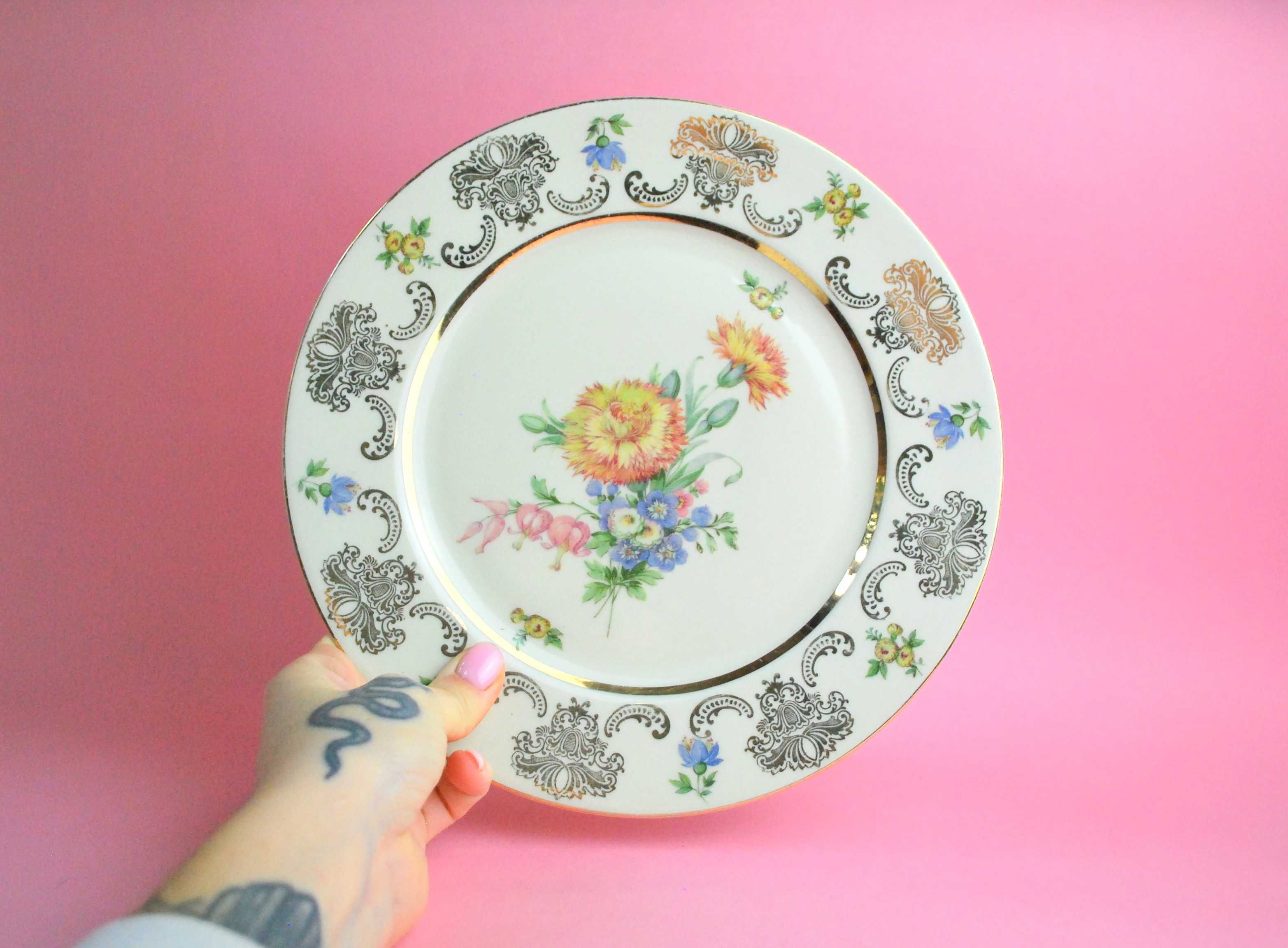 talerz porcelana patera JPM złoto kwiaty retro