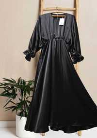 Атласное длинное черное платье с шикарным рукавом Zara