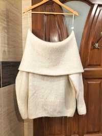 Sweter ecru z odkrytymi ramionami mega ciepły alpaka H&M