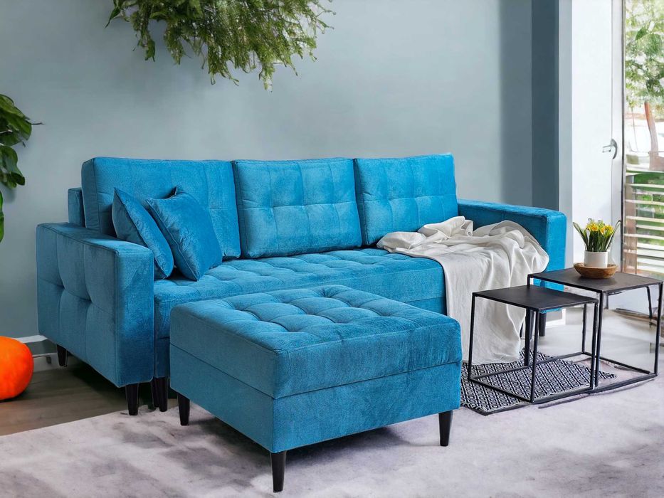 Rozkładana sofa z pojemnikiem. Kanapa PORTO. Sprężyny. Drewniane nogi