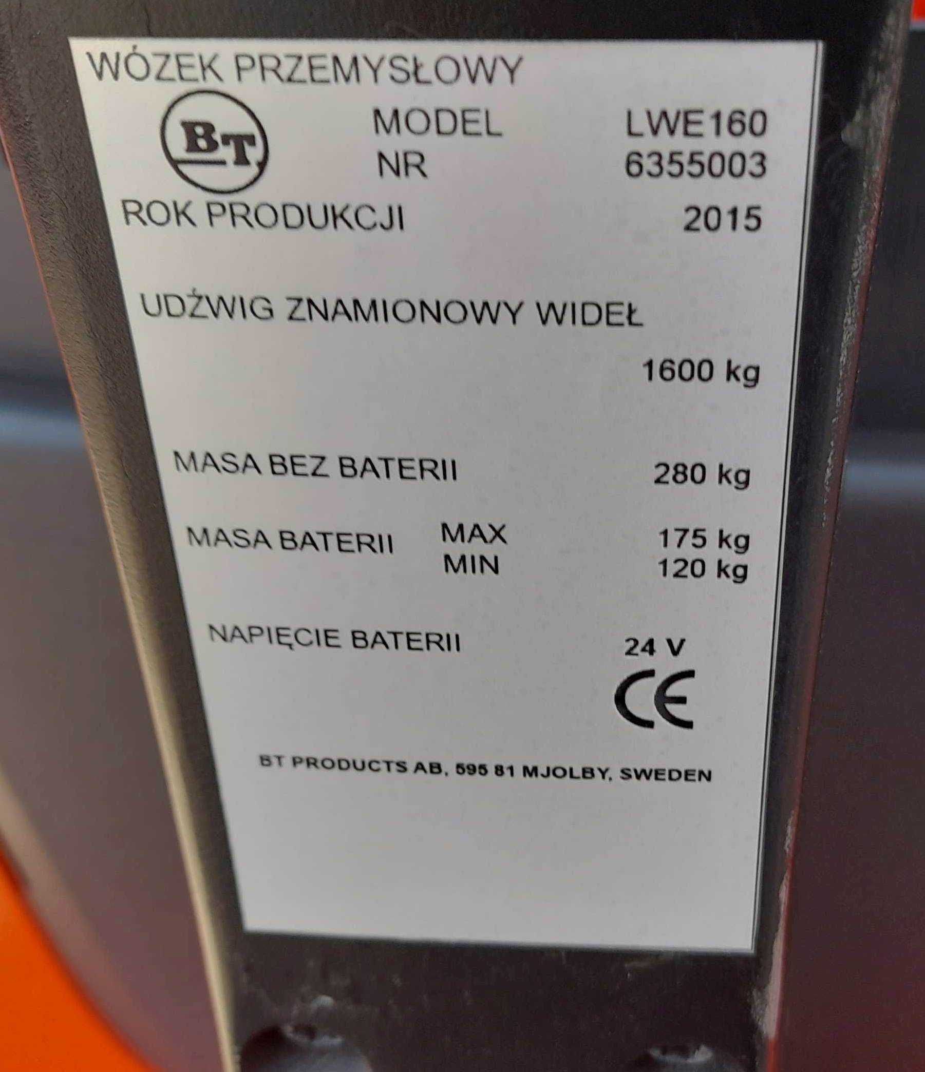 BT LWE160-elektryczny paleciak,1400kg,rok 2015, 277mtg, widły 1500mm