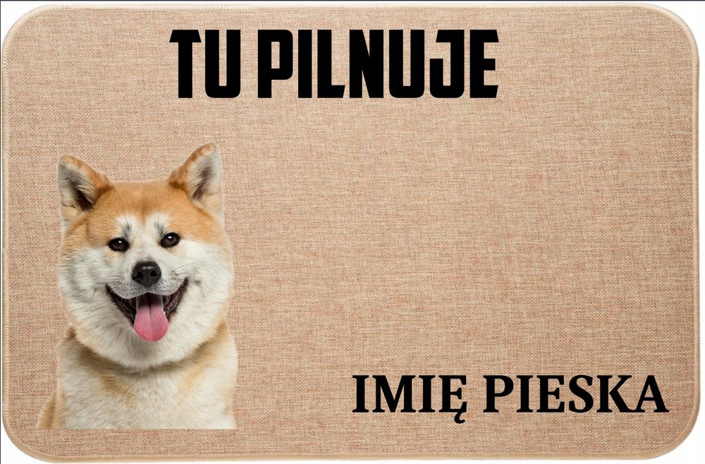 lniana wycieraczka wejściowa tu pilnuje + imię pieska shiba inu