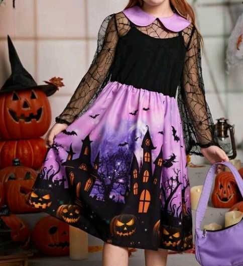 Sukienka Halloween 134 140 bal 122 128 kołnierzyk 146 152 NOWA