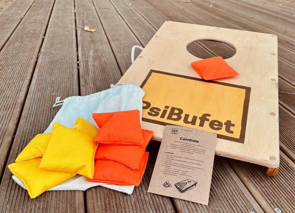 Gra Cornhole – drewniana, ręcznie robiona, własne logo + 8 woreczków