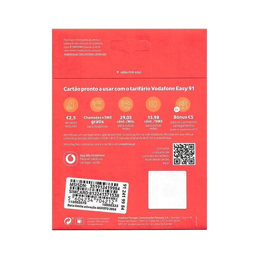 Vodafone Portugal +351 SIM Card Portuguese SMS OTP Code Aktive