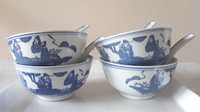 4 miseczki i łyżki do ryżu stara piękna chińska porcelana vintage