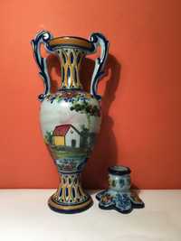 ALCOBAÇA - jarra e solitário pintados à mão com 29 e 6 cm/s de altura
