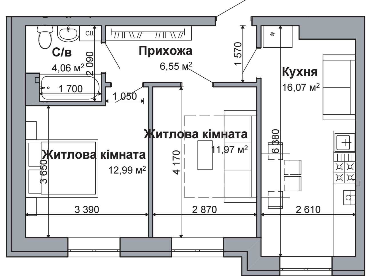 2К, 52м2 з док, біля парку, з індивідуальним опаленням  1 872 000 грн.