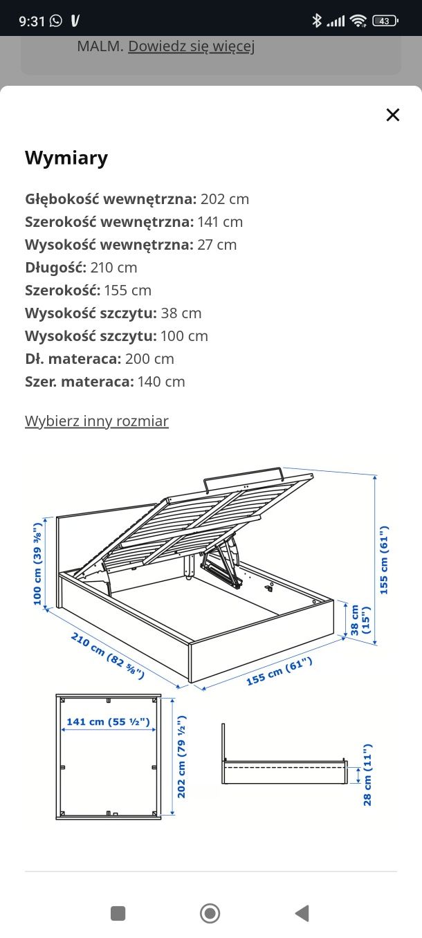 Łóżko Ikea Malm - białe 140x200 + materac z pokrowcem + lampki nocne.