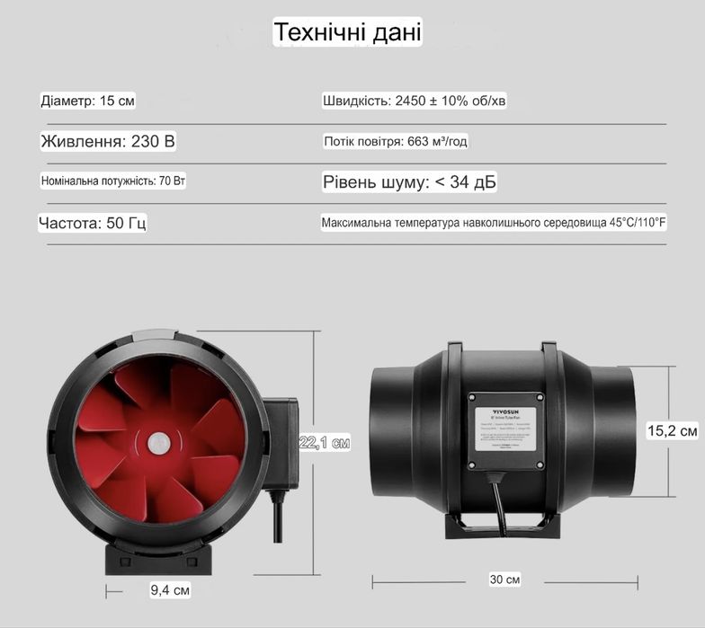 канальний вентилятор VIVOSUN 6 для гроубоксів, теплиць, ванних кімнат
