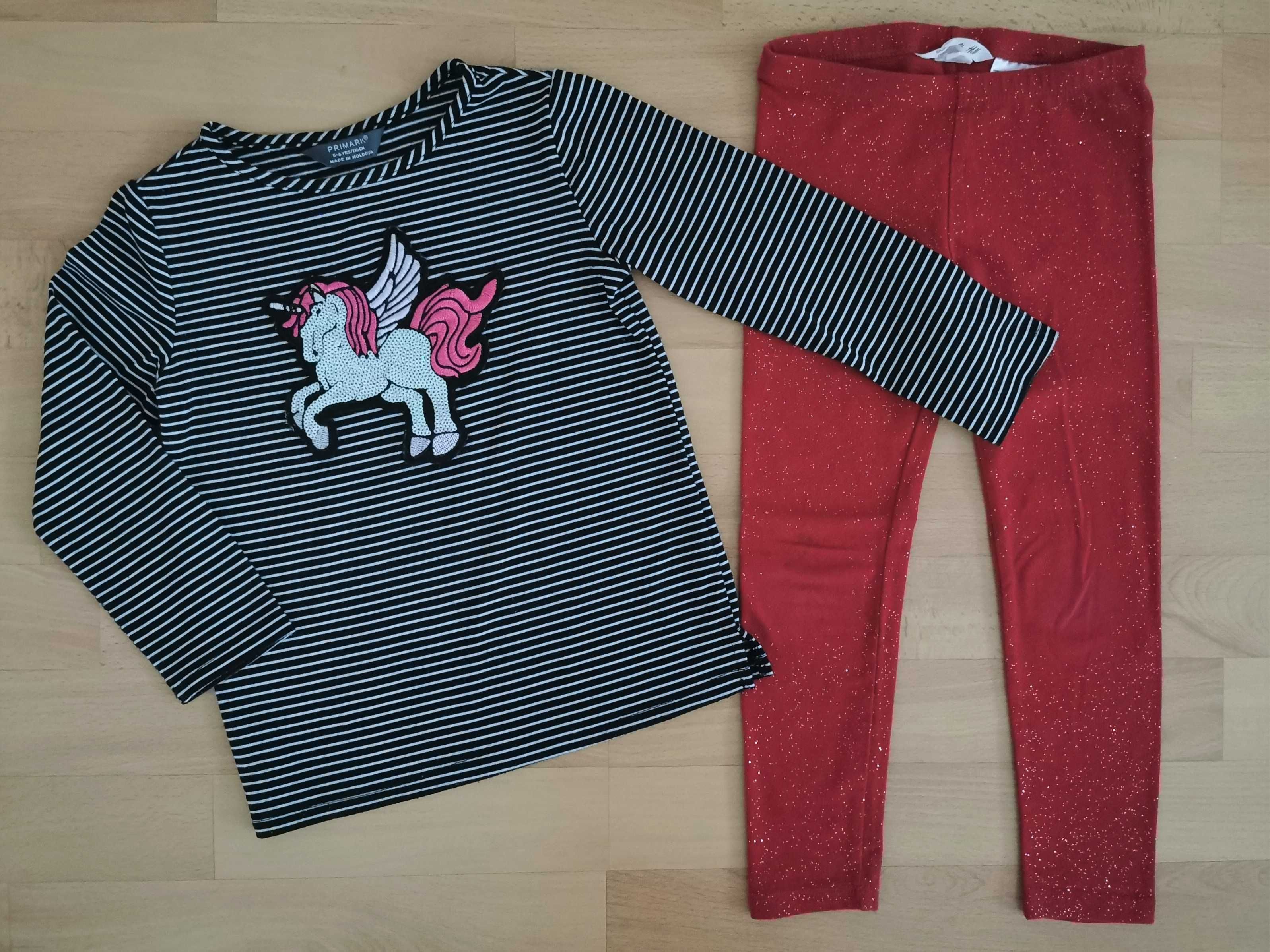 Primark / H&M, bluzka z paski i brokatowe legginsy, r. 110/116