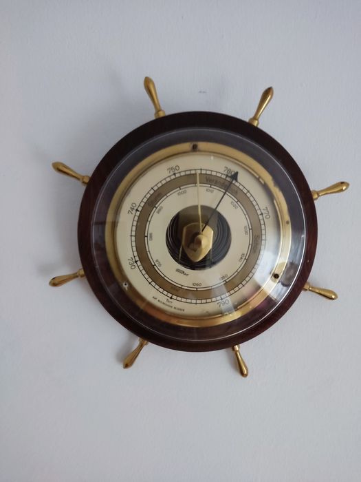 UNIKAT Barometr koło sterowe mosiądz mahoń jacht FISCHER NIEMCY