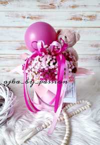 FlowerBox różowy z misiem i balonem, komunia, chrzest, BabyShower