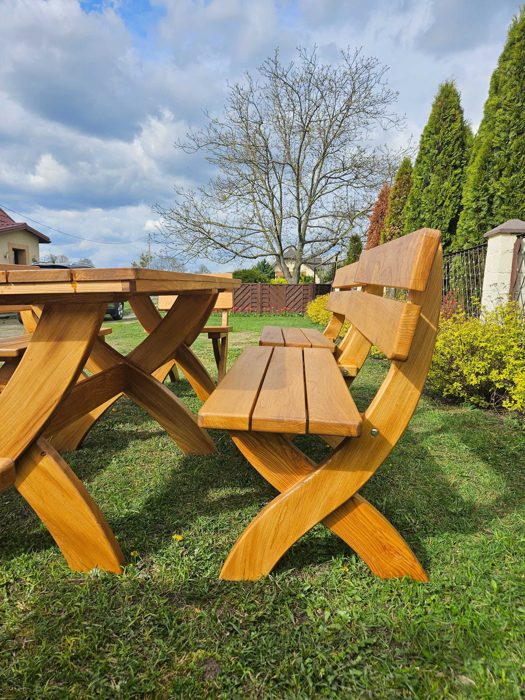Drewniany zestaw ogrodowy | Stół + 4 ławy + 2 krzesła | Wiąz + jesion