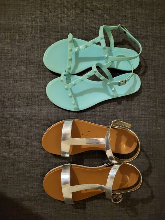 2 pary sandałów rozmiar 38 miętowe nowe / srebrne używane