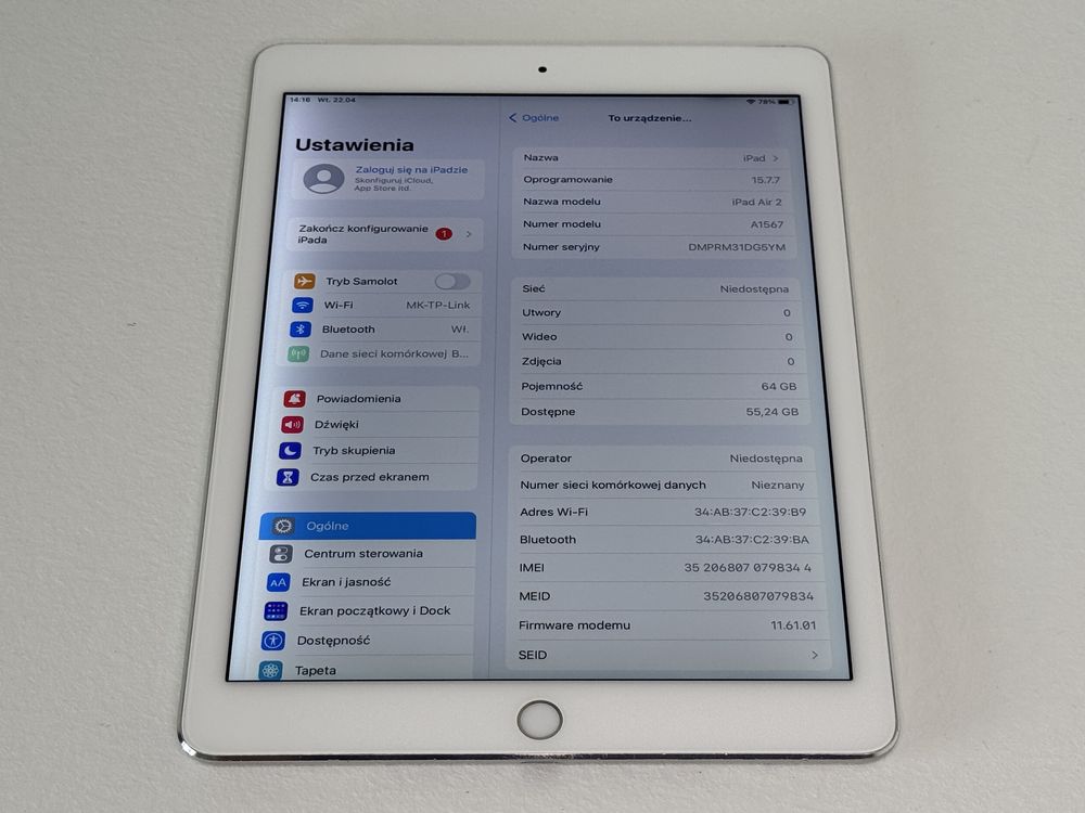 iPad Air 2 (A1567) 64GB - Cellular (LTE) - faktura VAT 23%