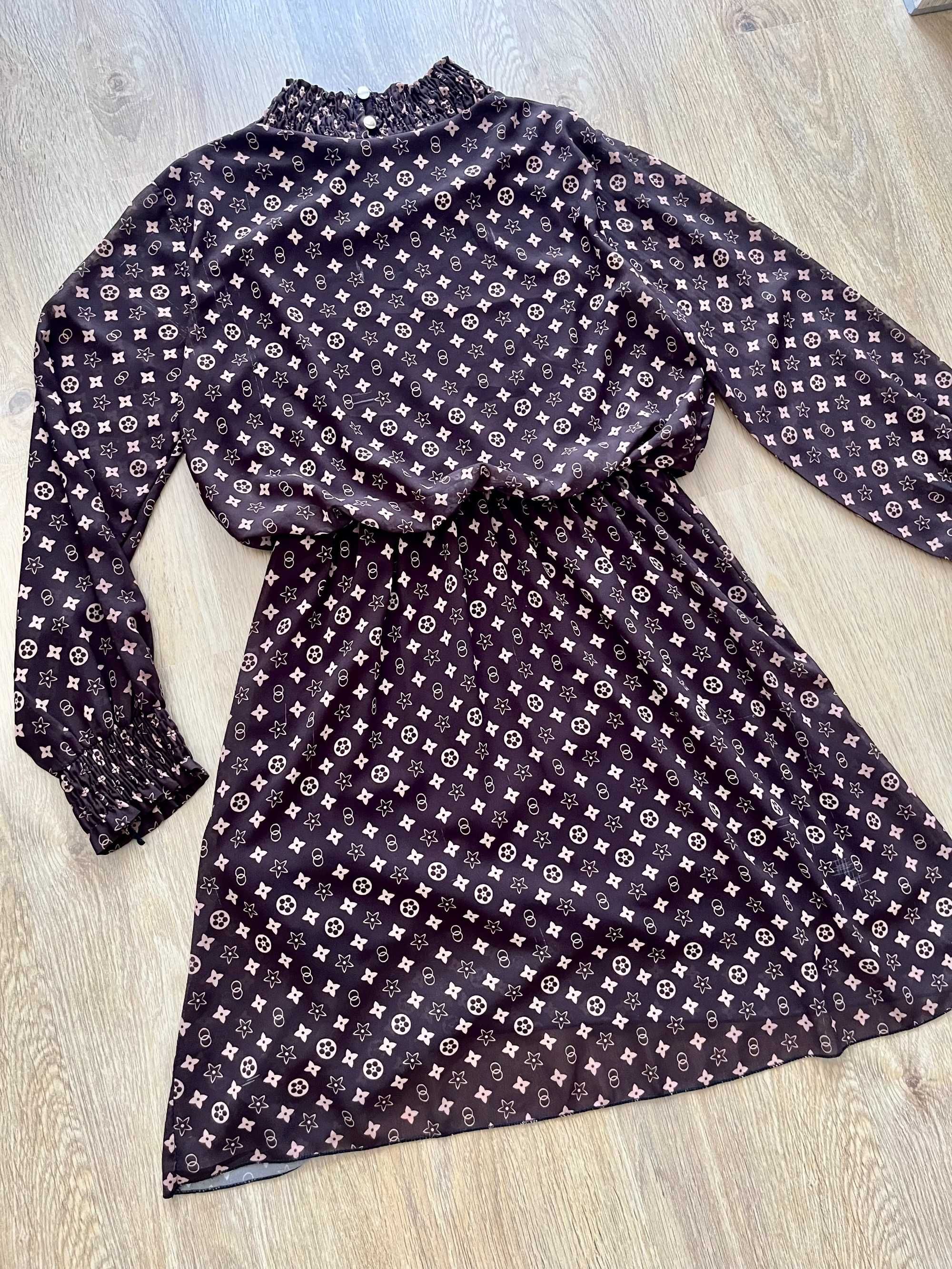 Sukienka długi rękaw luźna taliowana print wzorki brązowa butik casual