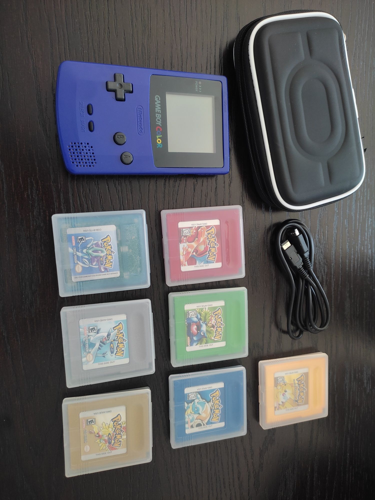 Pack Gameboy color roxo com 7 jogos Pokémon cabo link e bolsa