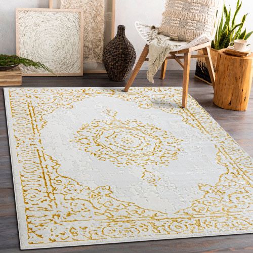 Dywan ornamet zloto bialy grube runo