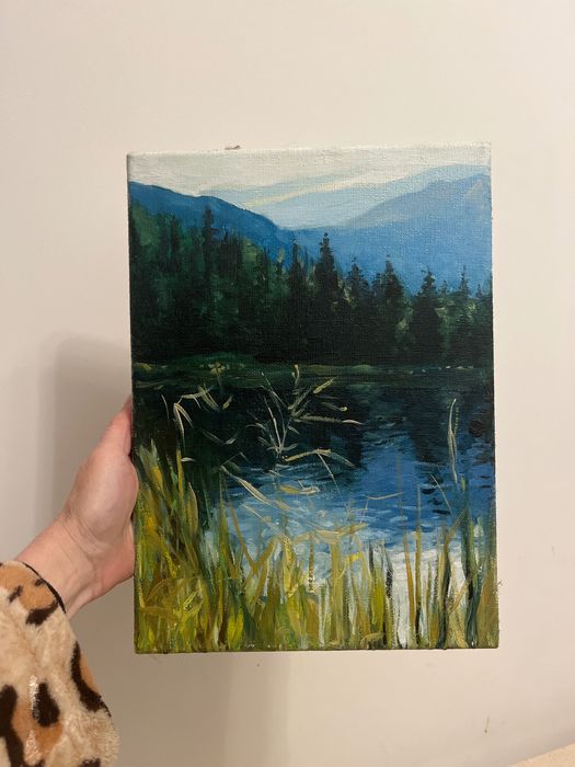 Widok,natura, trawy i woda, odbicie lustrzane, obraz olejny, góry.