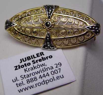 Filigranowa broszka markazyty srebro złocone WILLI NONNENMANN