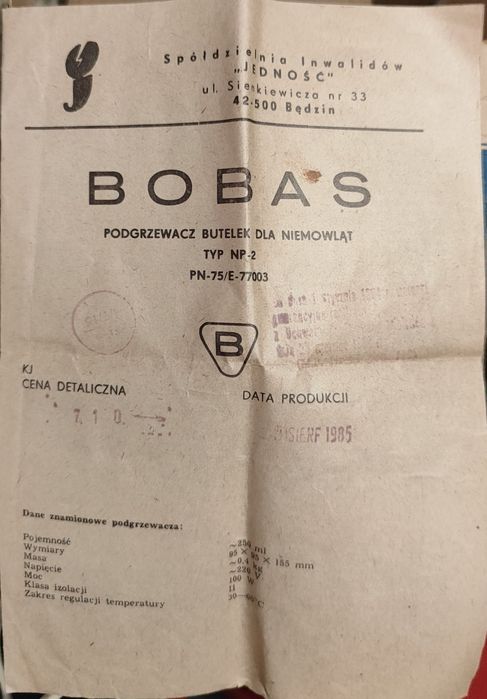 Sprzedam podgrzewacz do butelek BOBAS 1985 rok PRL